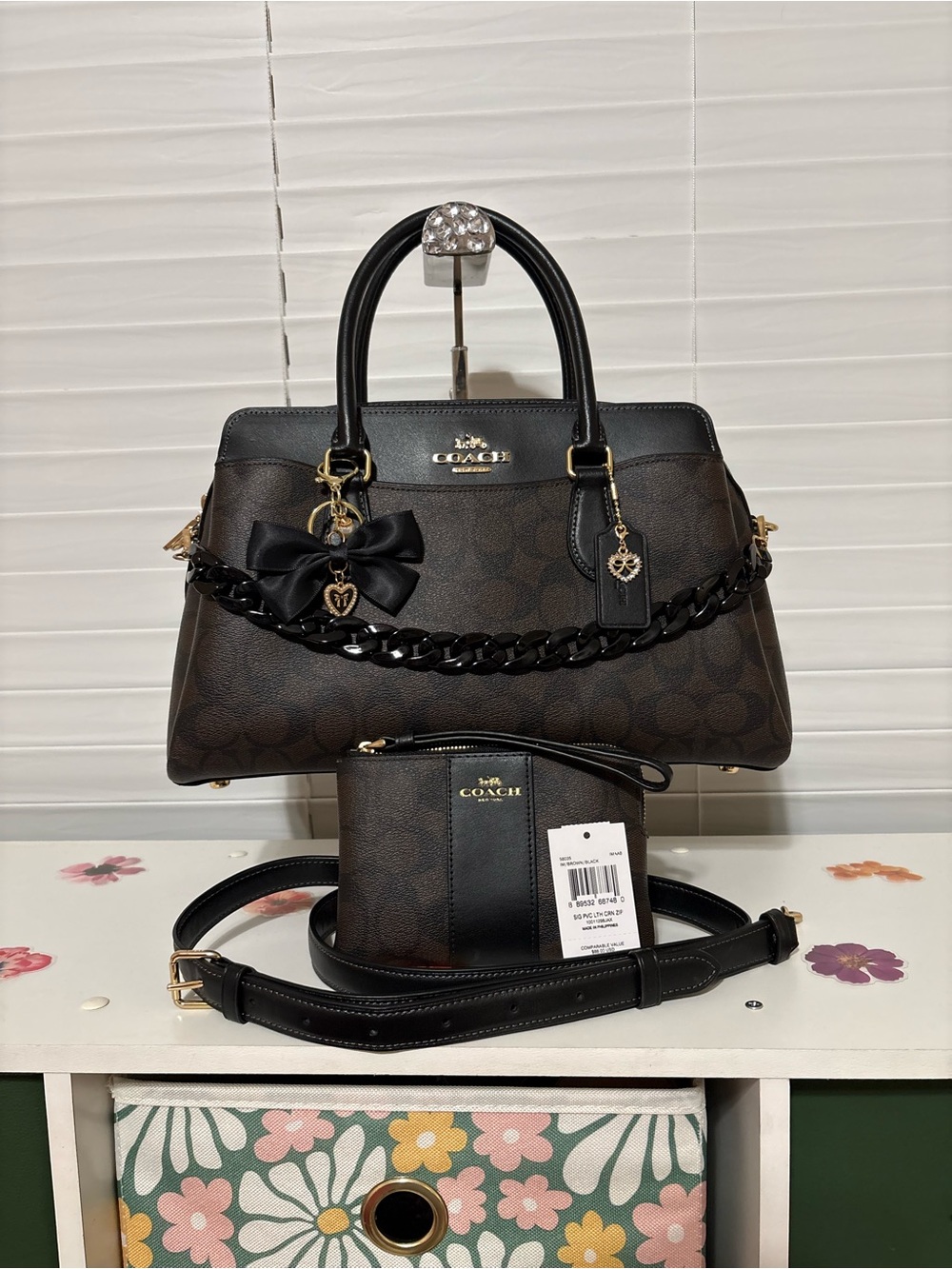 COACH Darcie Carryall Dark Brown Signature Satchel with Matching Wristlet